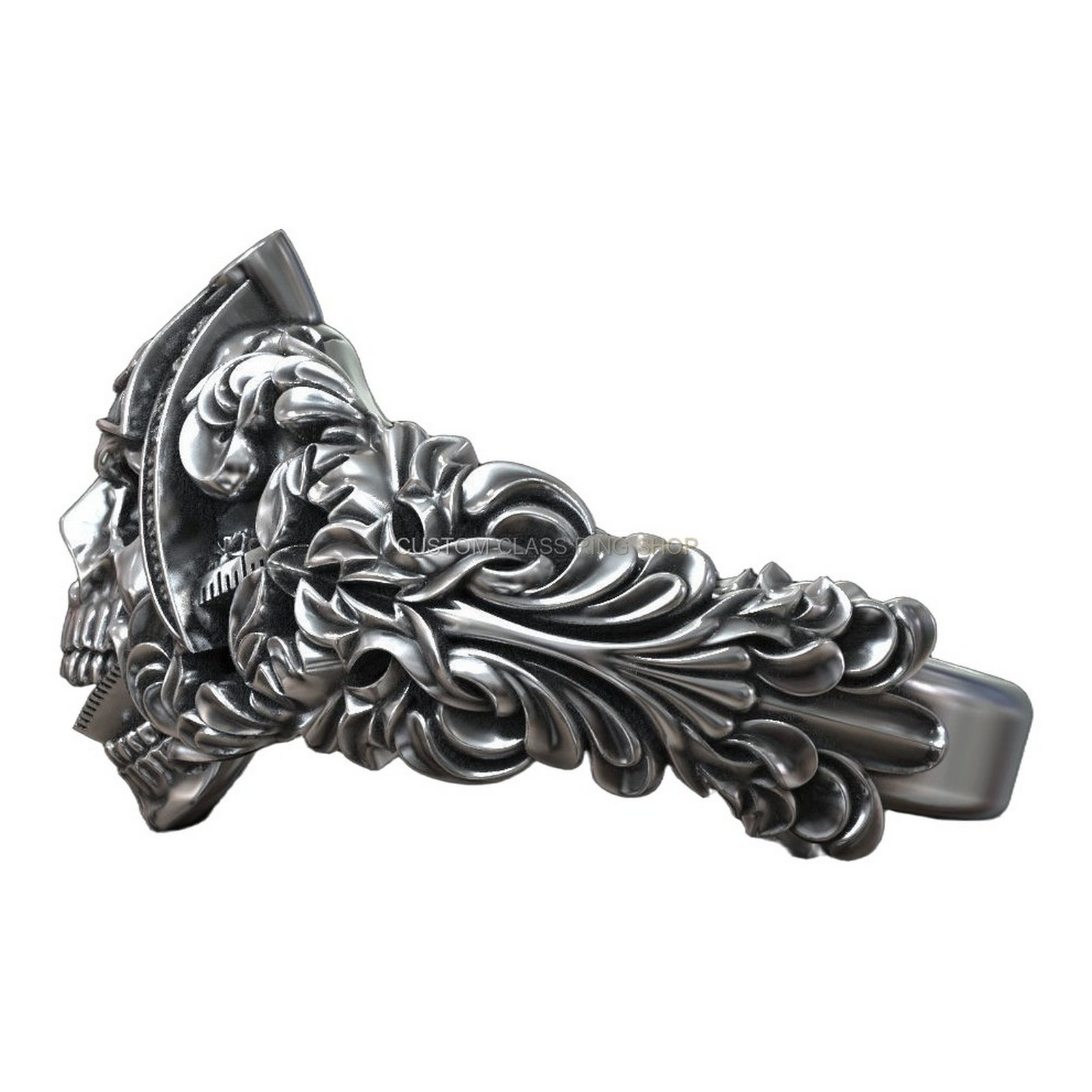 Sterling silver masonic skull statement ring, side profile with ornate acanthus scrollwork