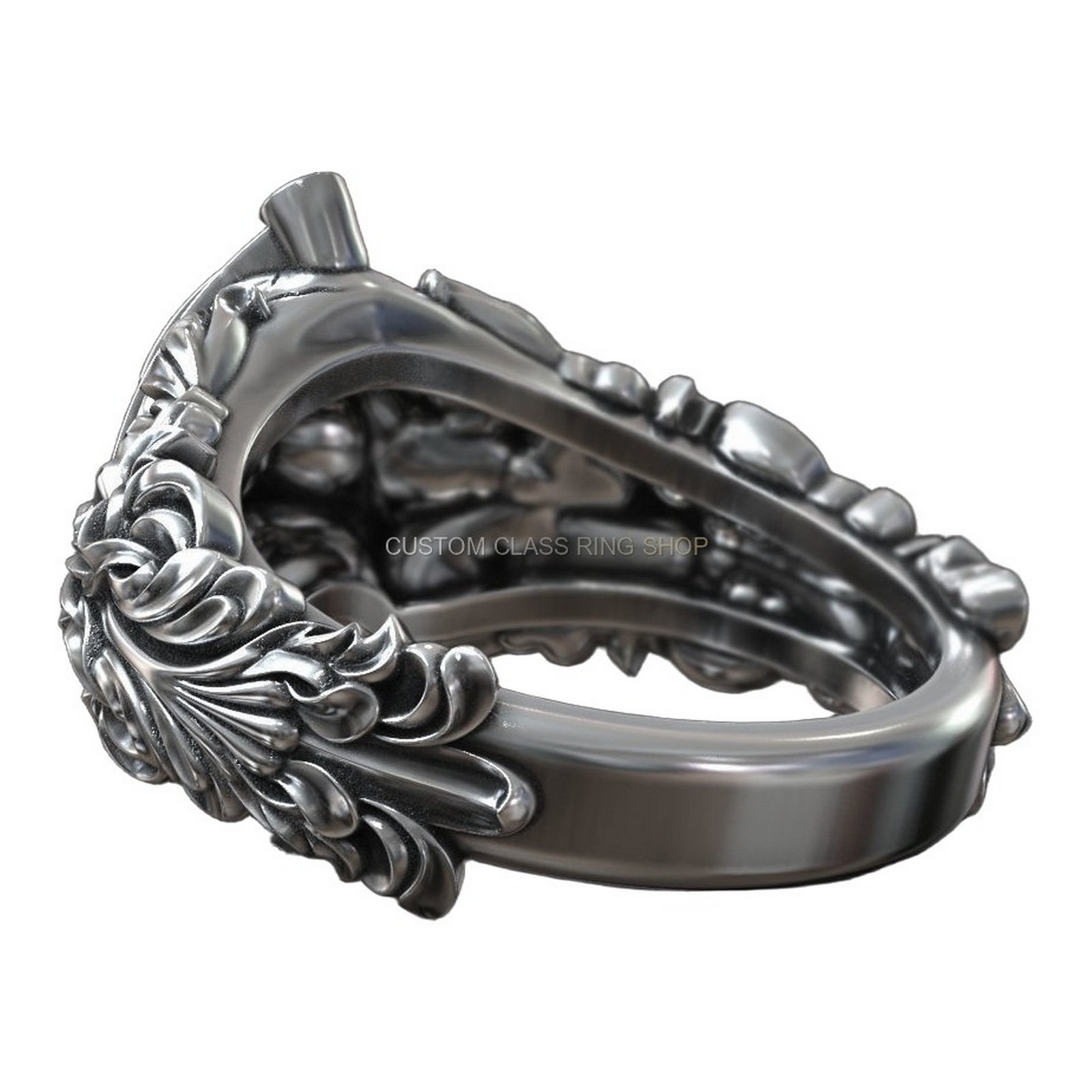 Sterling silver masonic skull statement ring, angled three-quarter interior band view
