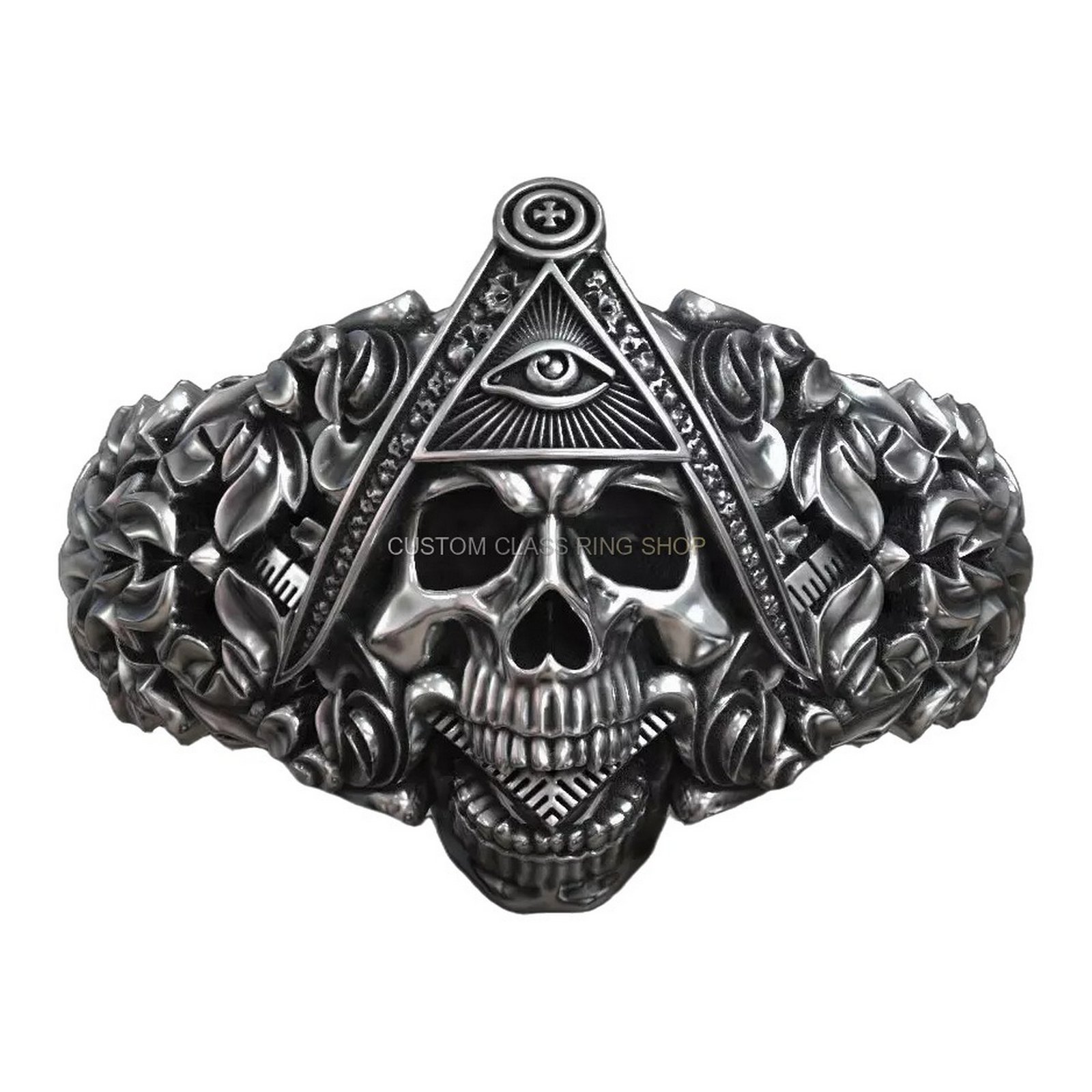 Sterling silver masonic skull statement ring, top crown with Eye of Providence detail