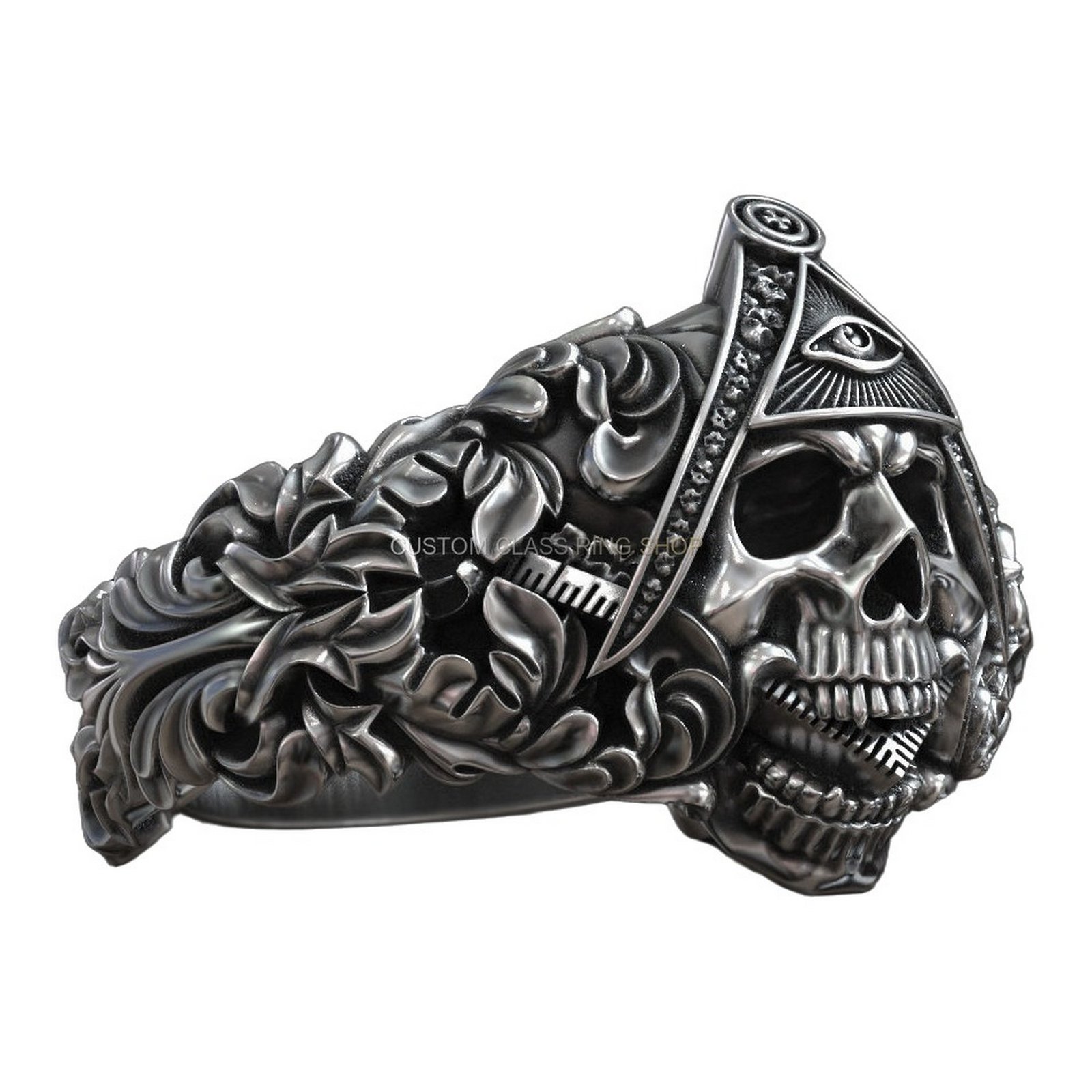 Sterling silver masonic skull statement ring with Eye of Providence detail