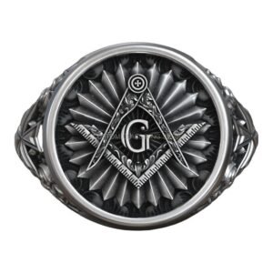 Sterling silver masonic square compass signet ring with sunburst frame