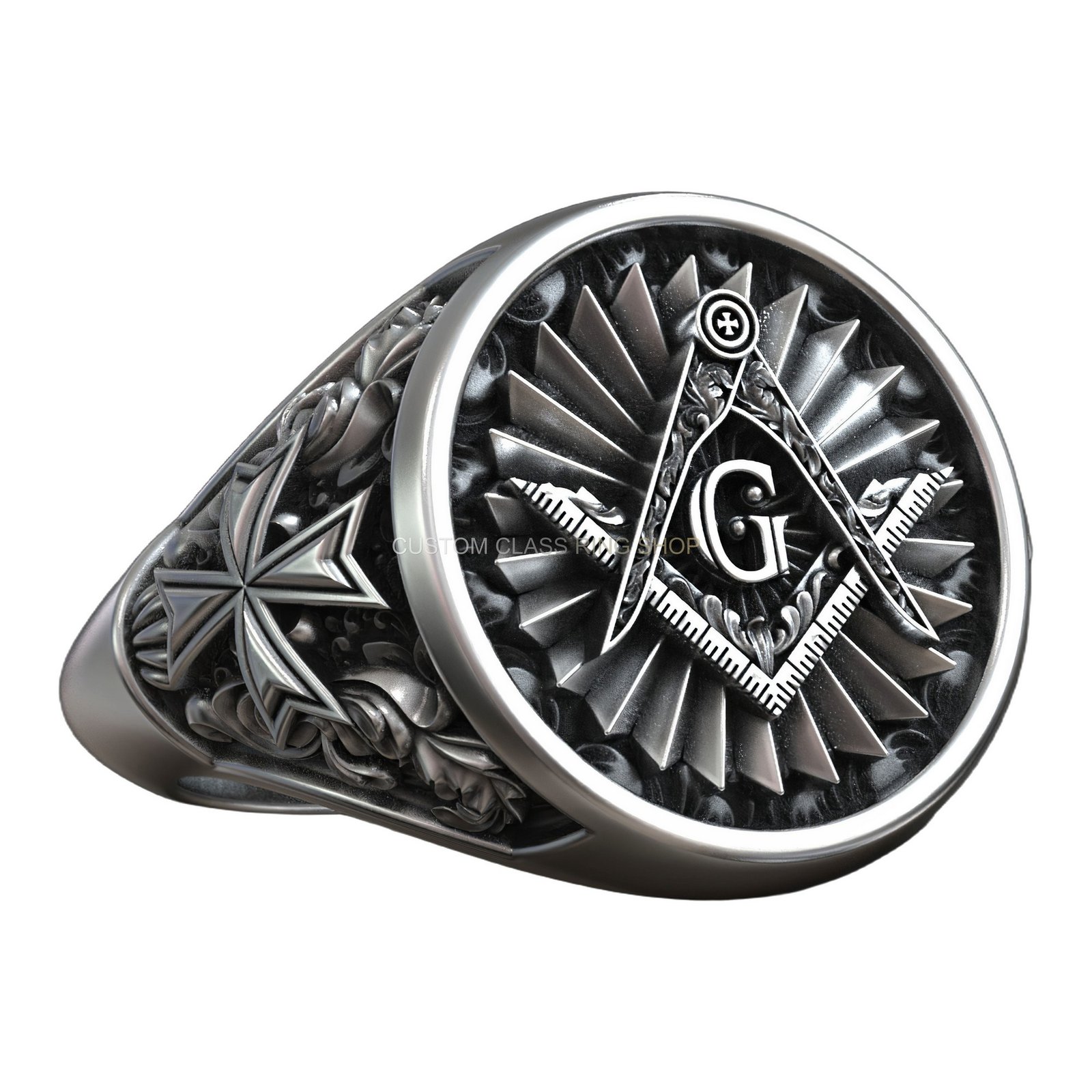 Sterling silver masonic square compass signet ring, left side three-quarter angle