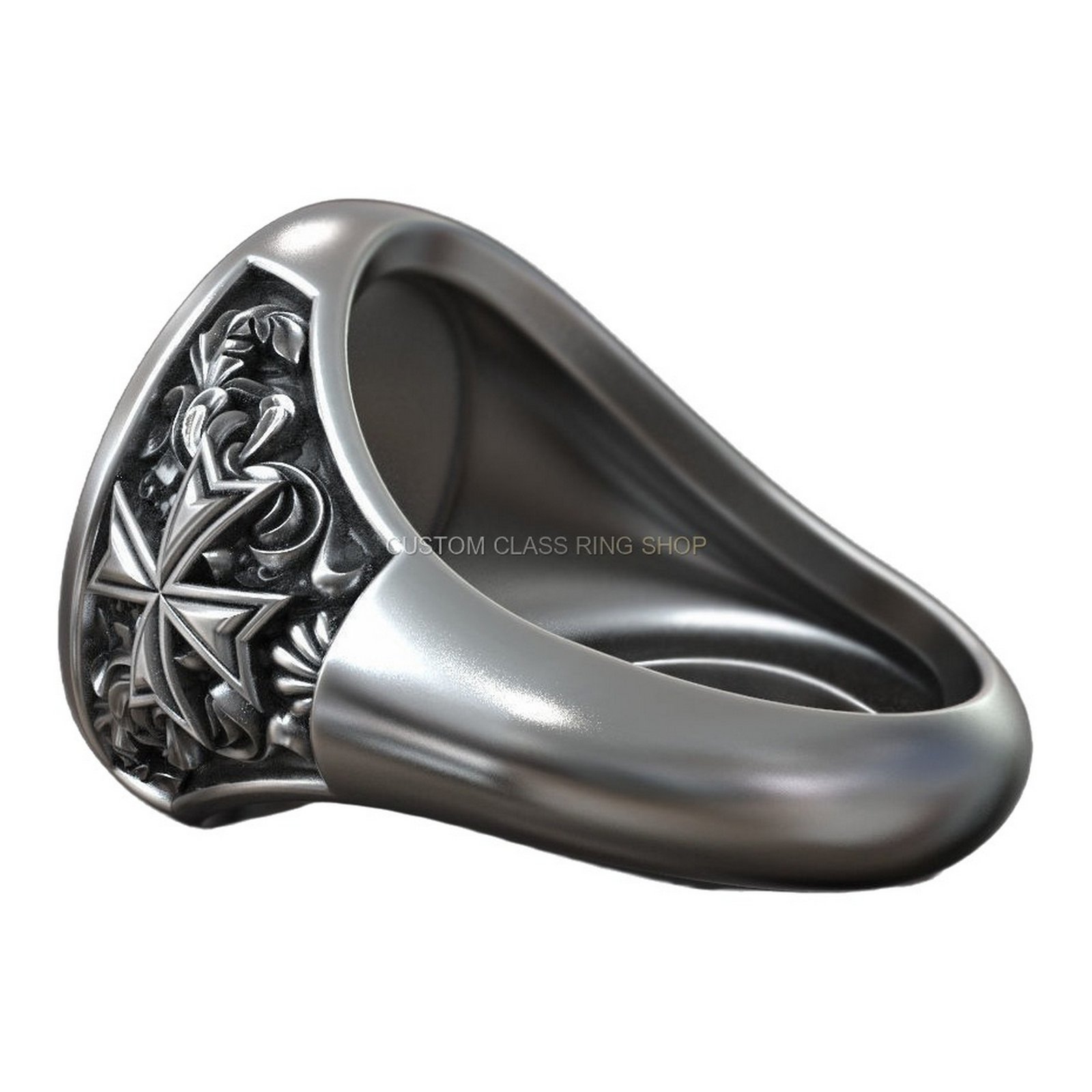 Sterling silver masonic square compass signet ring, right side profile detail