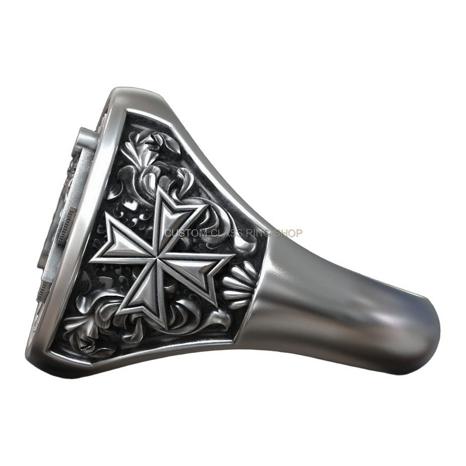 Sterling silver masonic square compass signet ring, band and shoulder scrollwork