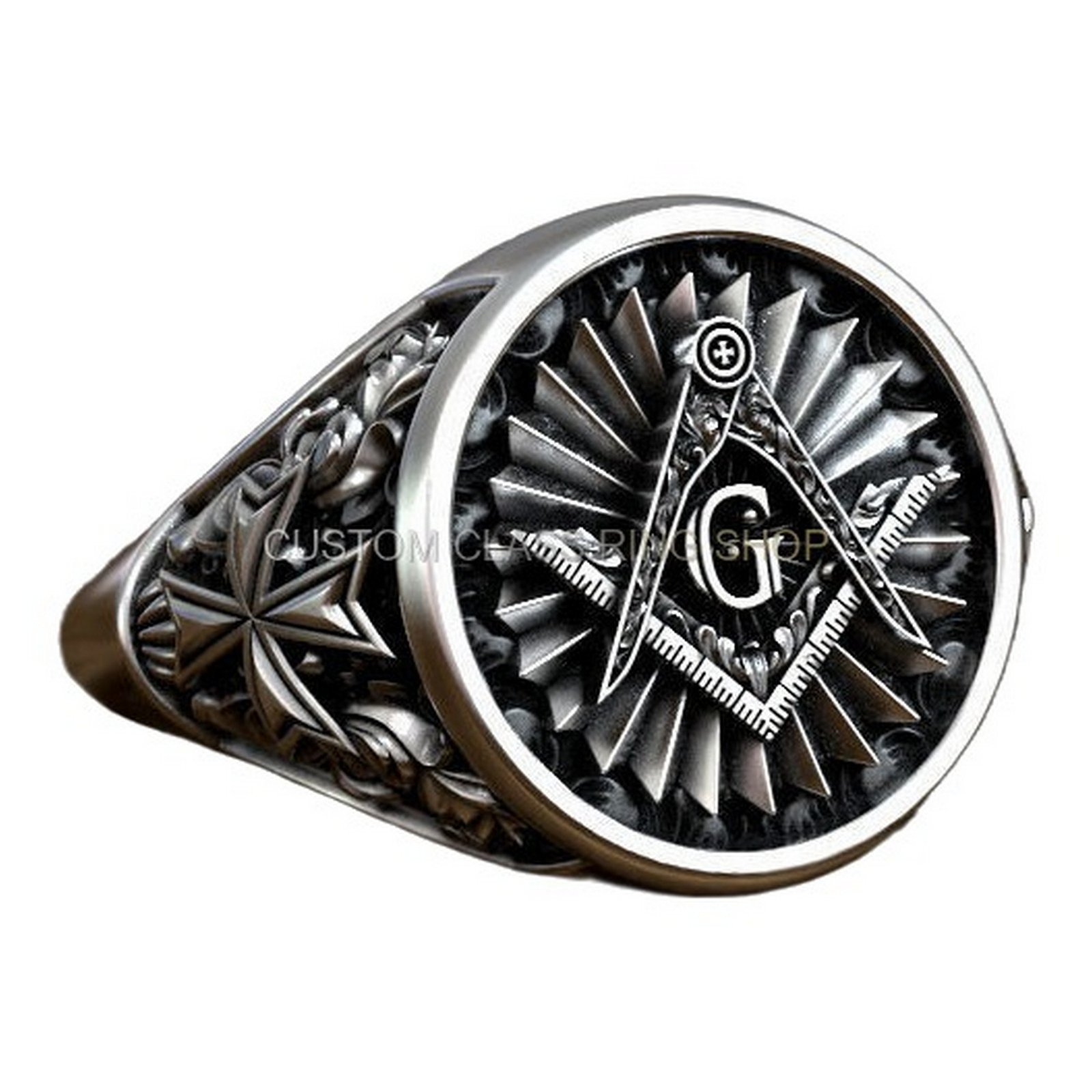 Sterling silver masonic square compass signet ring with sunburst frame