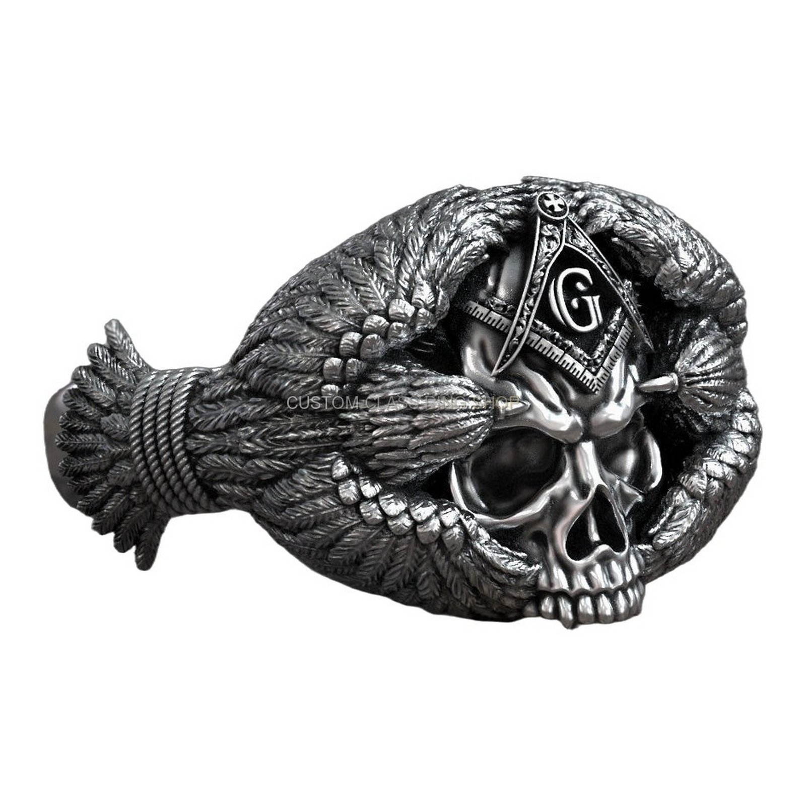 Sterling silver masonic skull crow ring, side profile with detailed crow wing