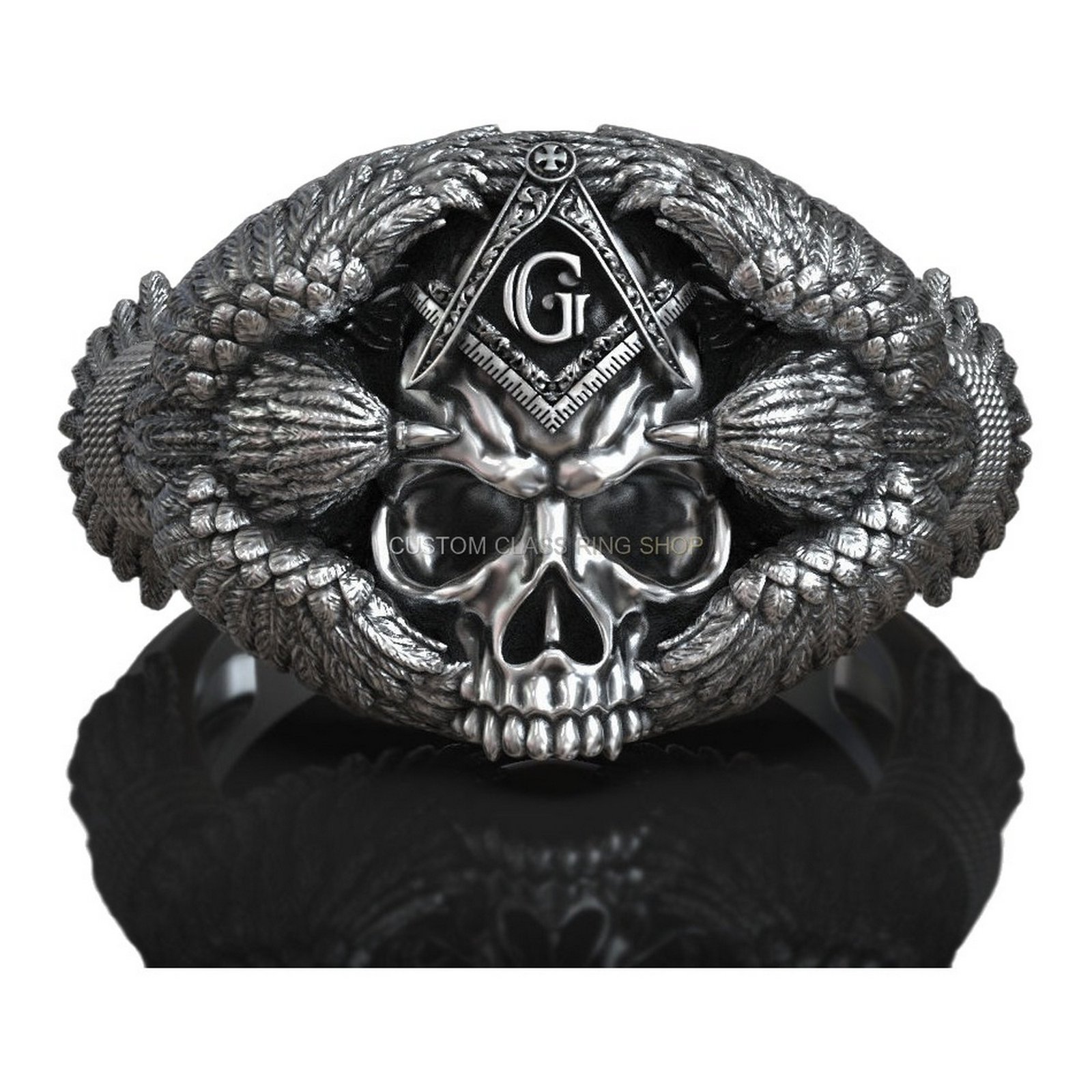 Sterling silver masonic skull crow ring oxidized 925 gothic