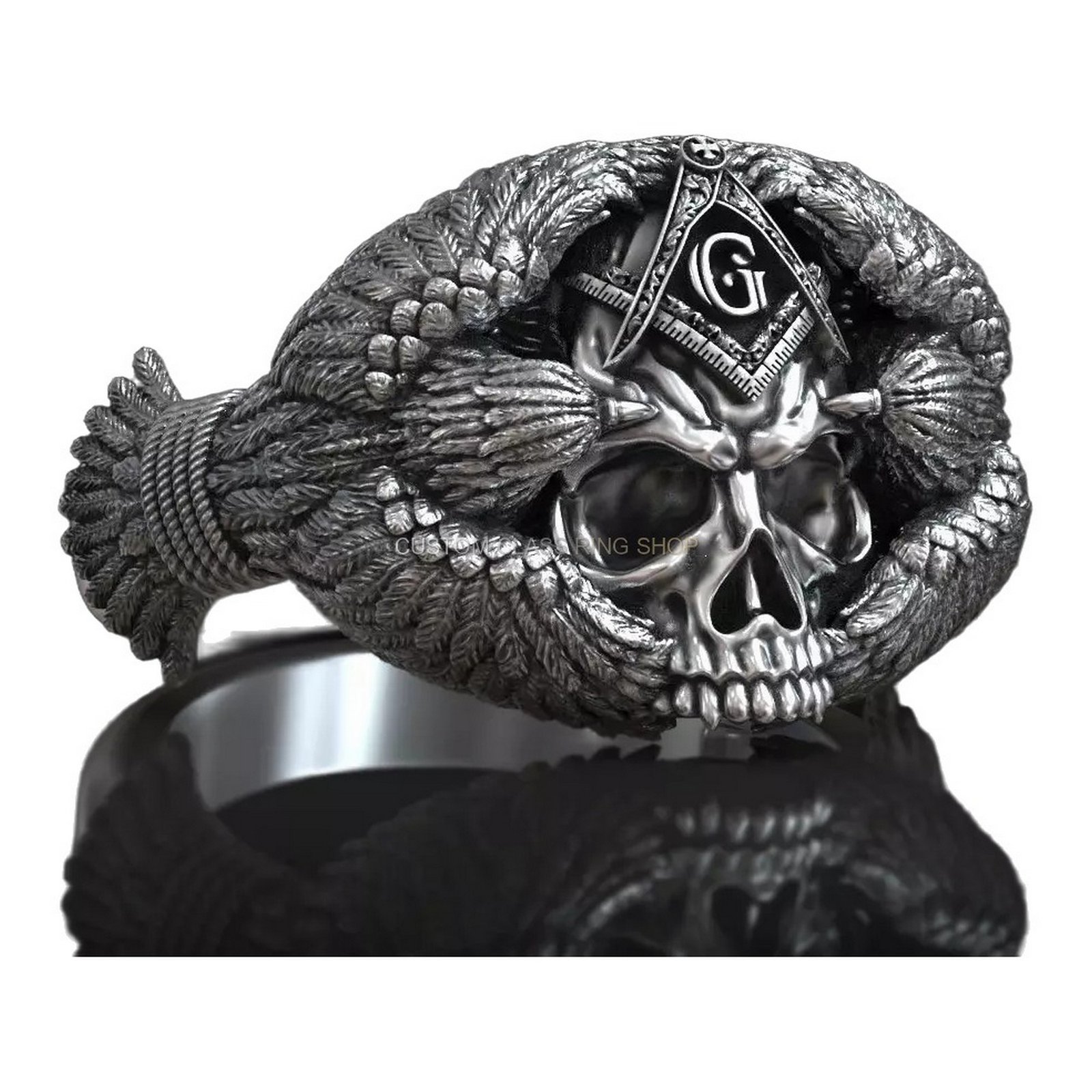Sterling silver masonic skull crow ring, angled three-quarter view showing crow wings