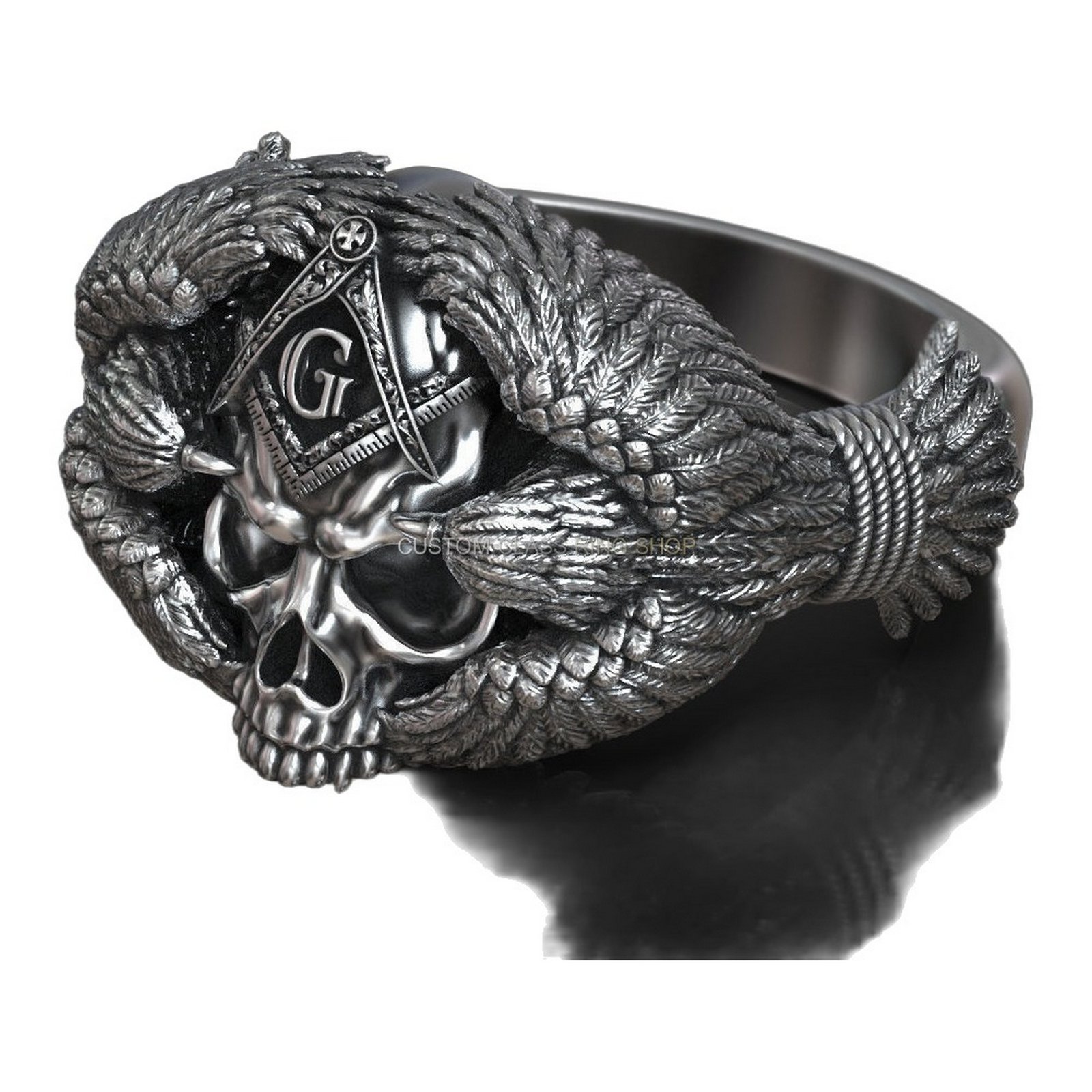 Sterling silver masonic skull crow ring, studio shot showing band profile and craftsmanship