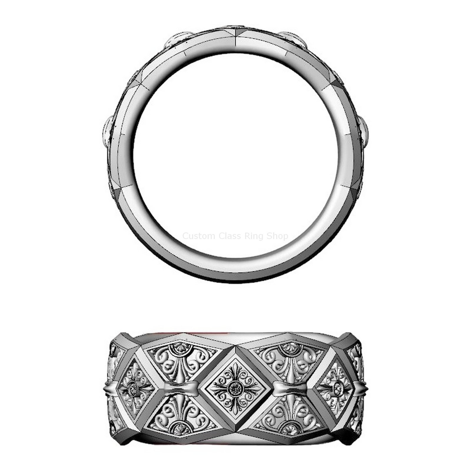 Sterling silver vintage diamond pattern ring with ornamental details