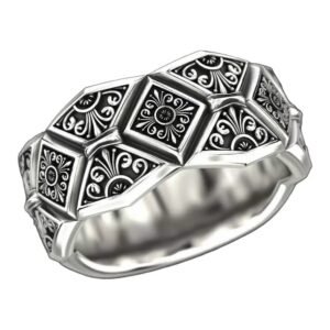 Sterling silver vintage diamond pattern ring with ornamental details