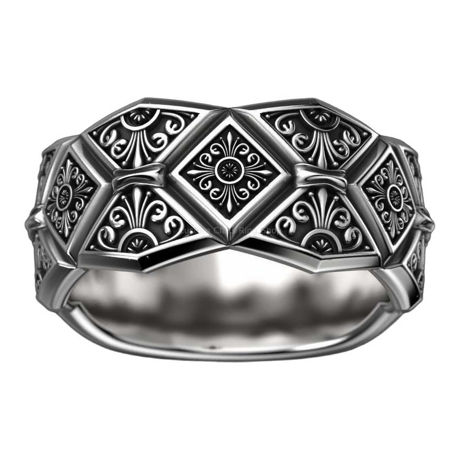 Sterling silver vintage diamond pattern ring, front head-on display view