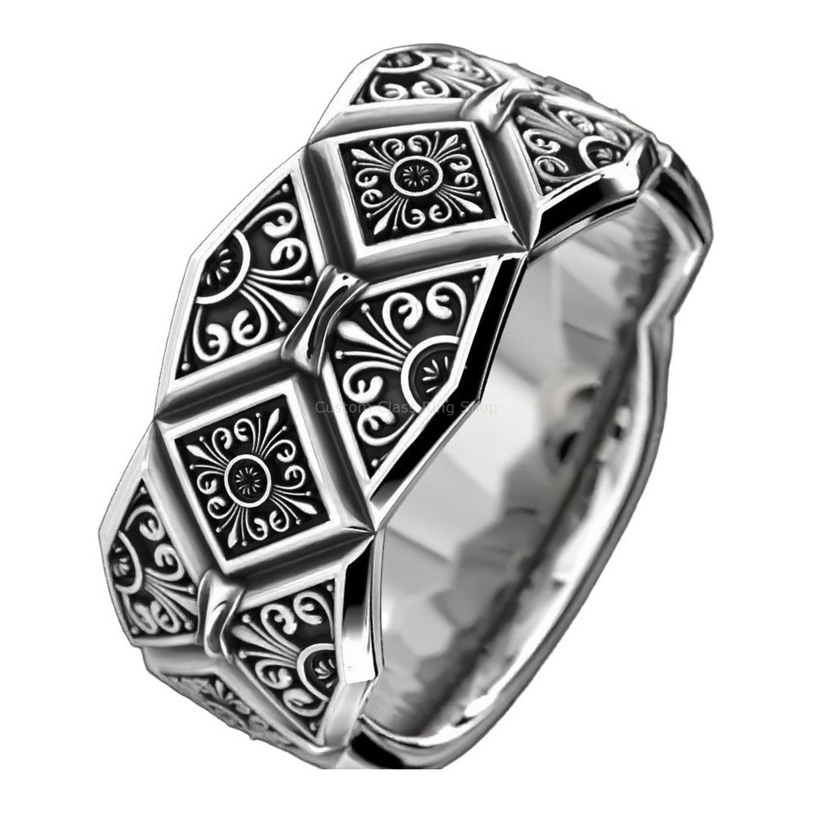 Sterling silver vintage diamond pattern ring, side profile angle view