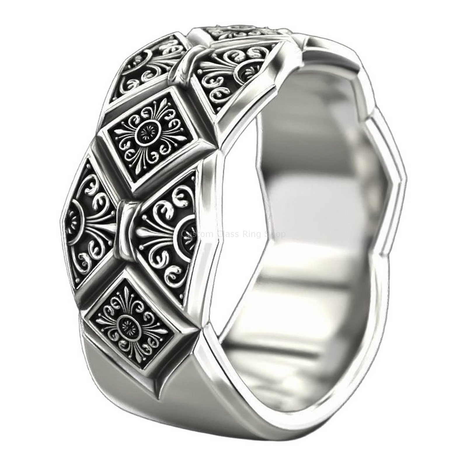 Sterling silver vintage diamond pattern ring, side band detail view