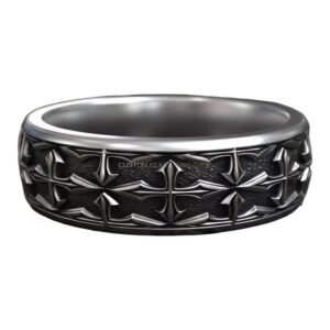 Medieval gothic cross pattern sterling silver ring, inside inner band detail