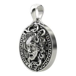 Unisex sterling silver Medusa head pendant with serpent hair and Greek key border