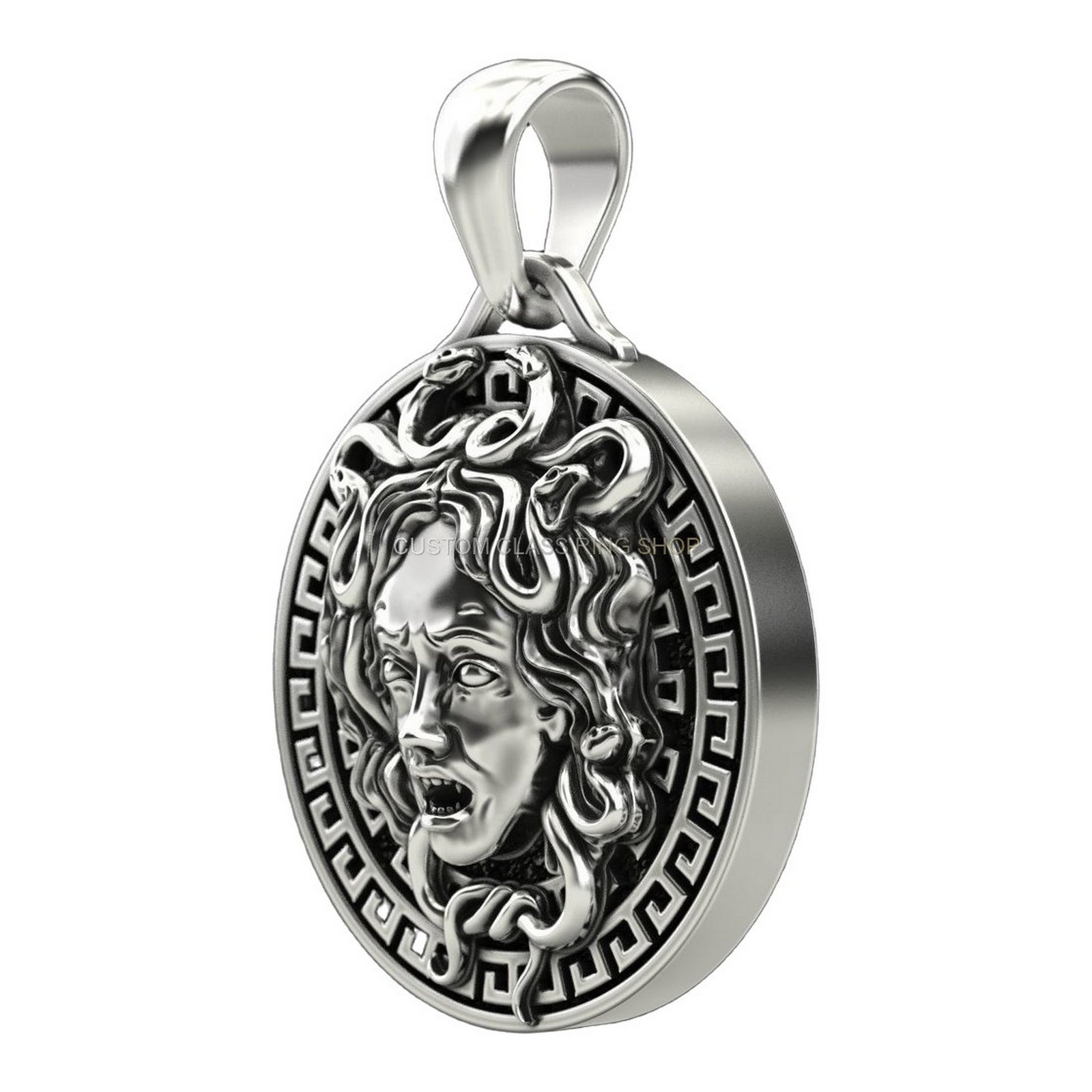 Unisex sterling silver Medusa head pendant with serpent hair and Greek key border