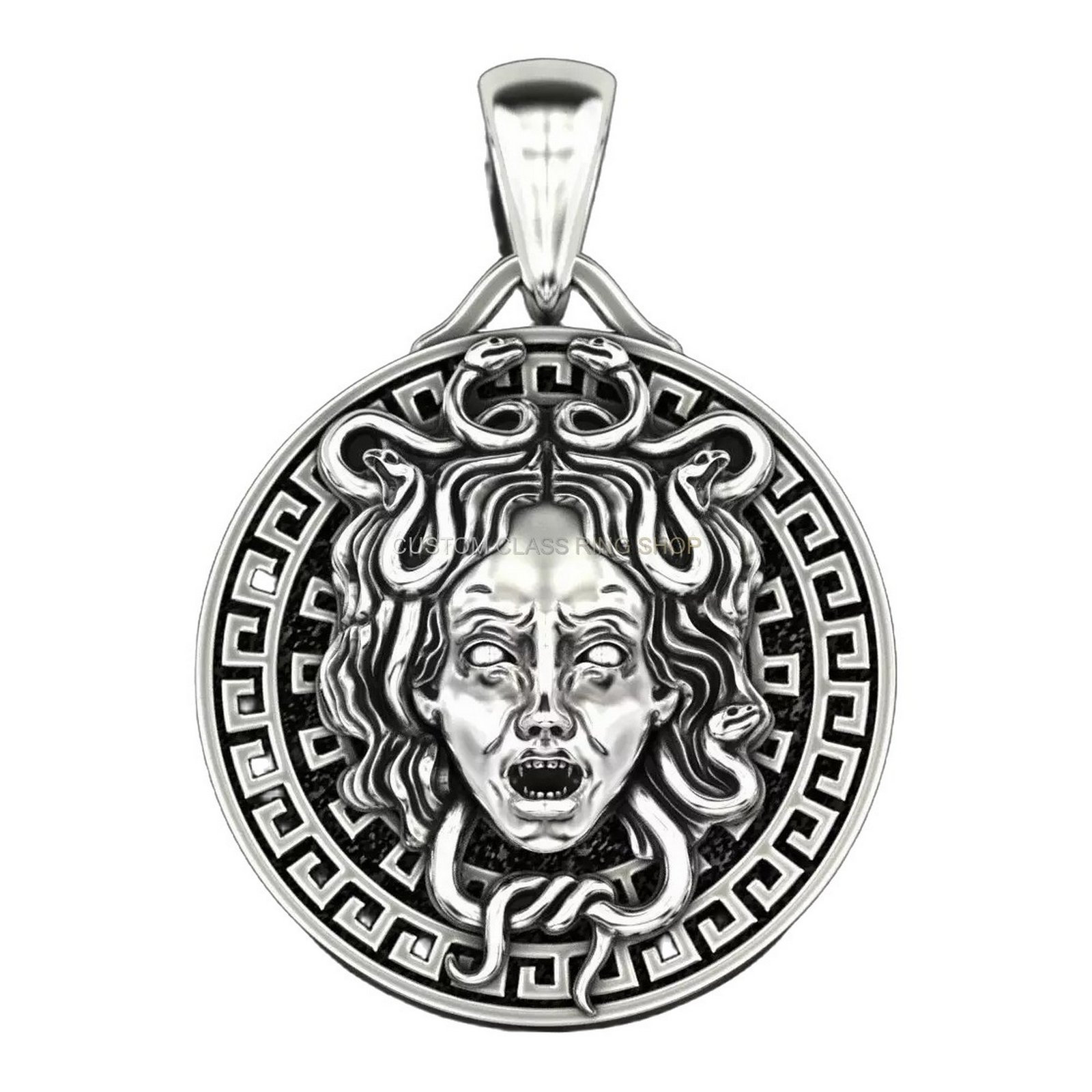 Unisex sterling silver Medusa head pendant with serpent hair and Greek key border
