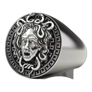Men's sterling silver medusa signet ring with Greek key border