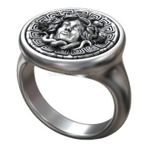 Sterling silver medusa gorgona signet ring with Greek key border, polished 925 silver