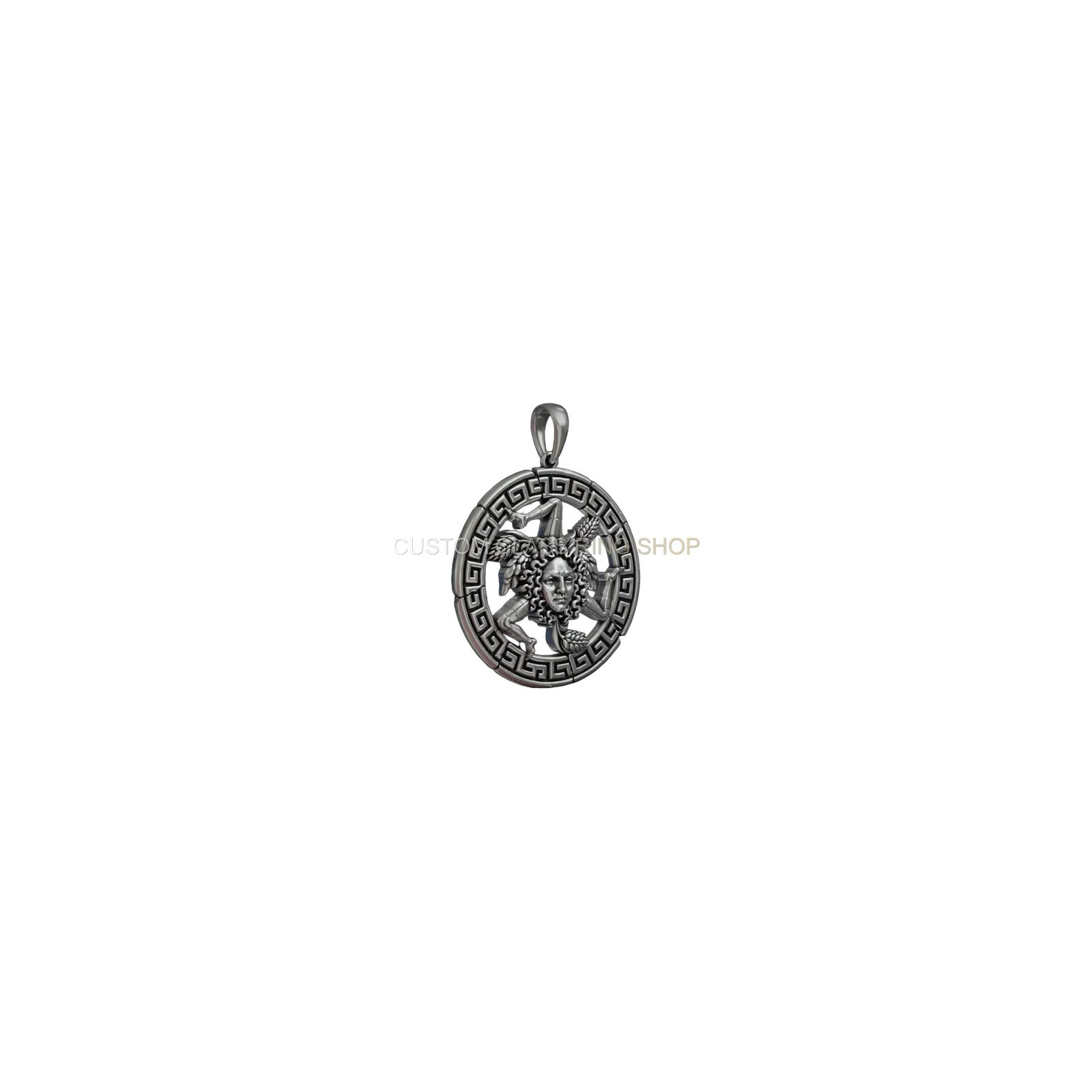 Sterling silver medusa trinacria pendant, front three-quarter view