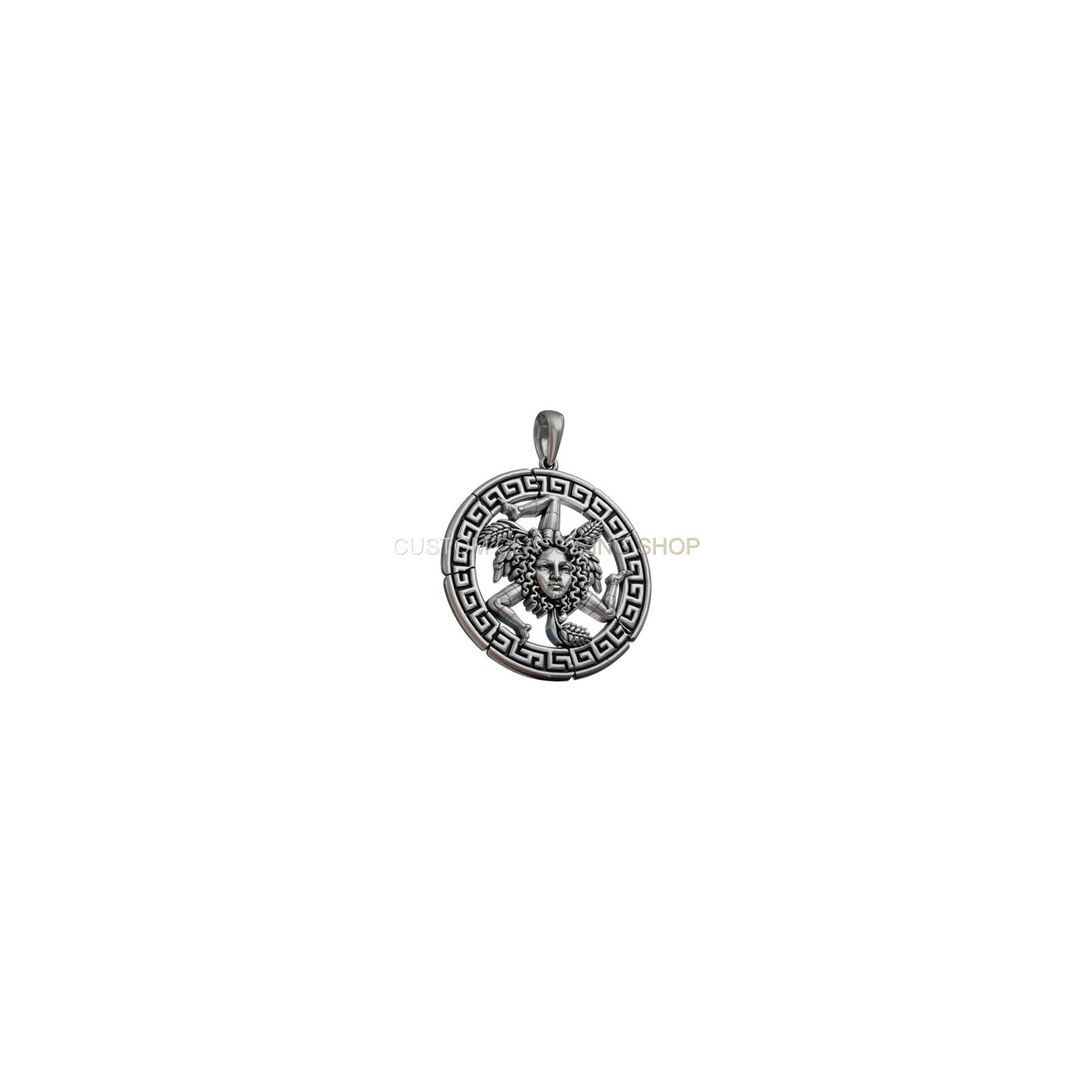 Sterling silver medusa trinacria pendant with Greek key border