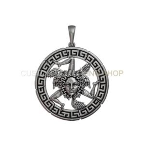 Sterling silver medusa trinacria pendant with Greek key border