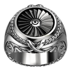 Men's sterling silver sunburst signet ring with oxidized antique finish and ornate leaf border