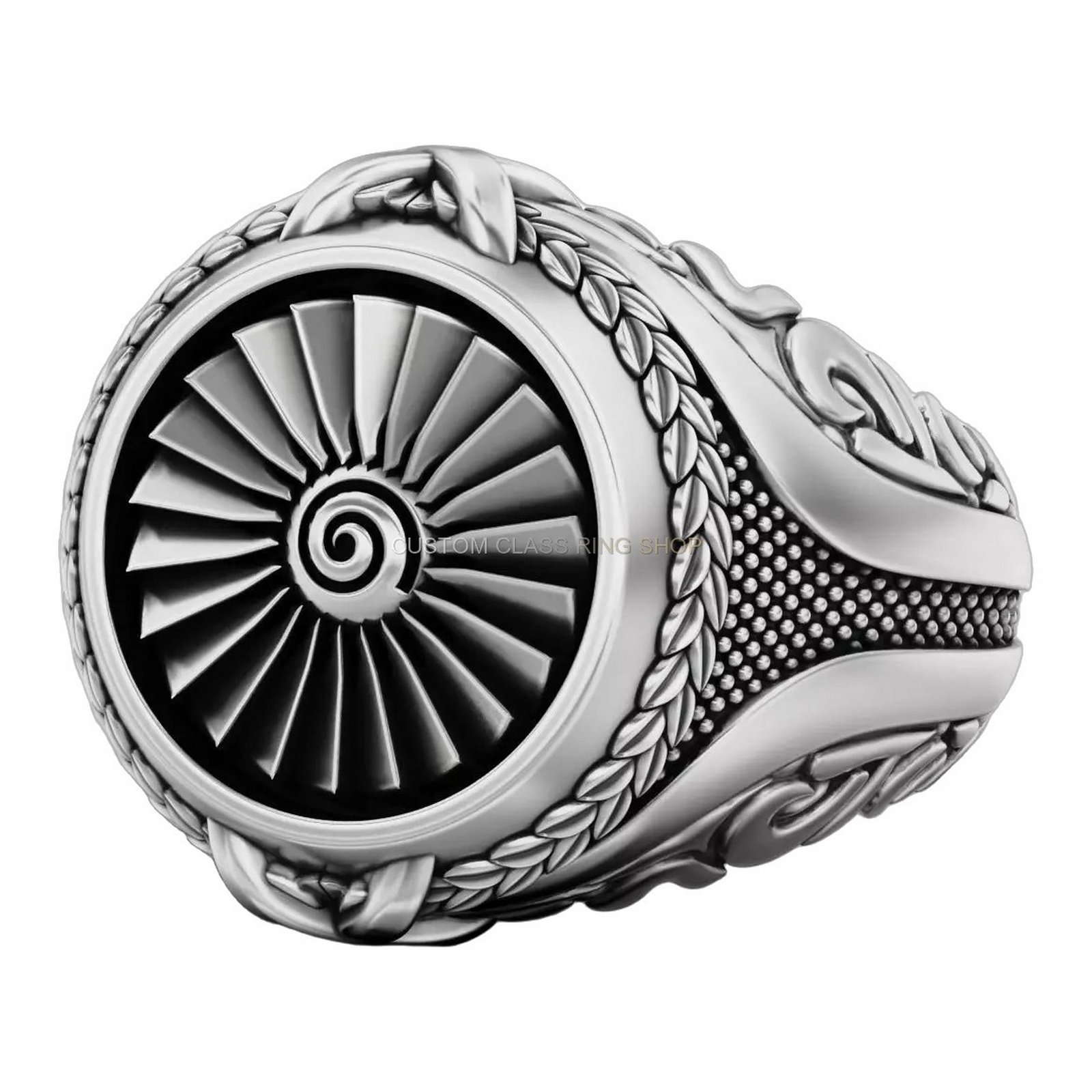 Mens sterling silver sunburst signet ring, front angled three-quarter view