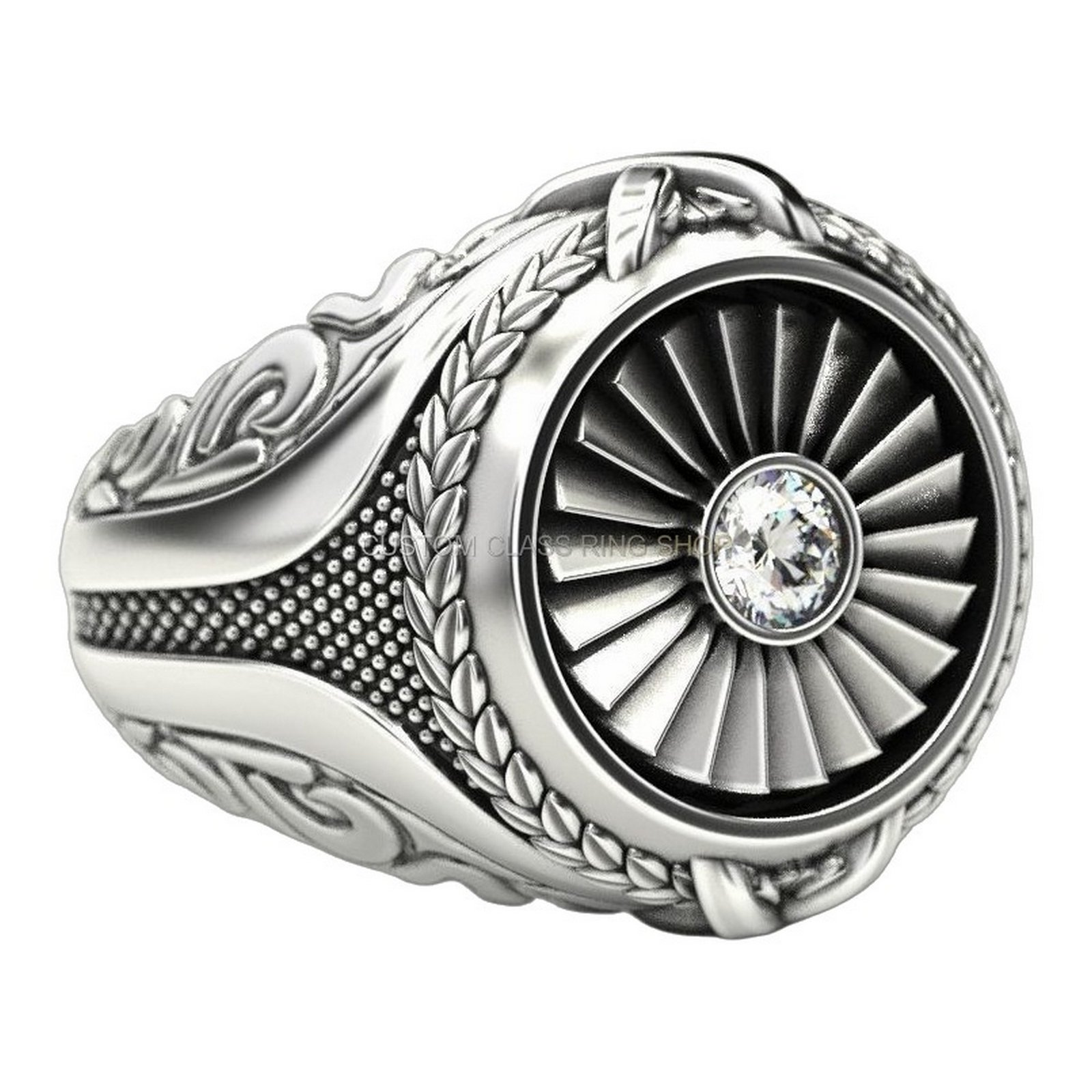 Men's sterling silver turbine engine ring with oxidized finish