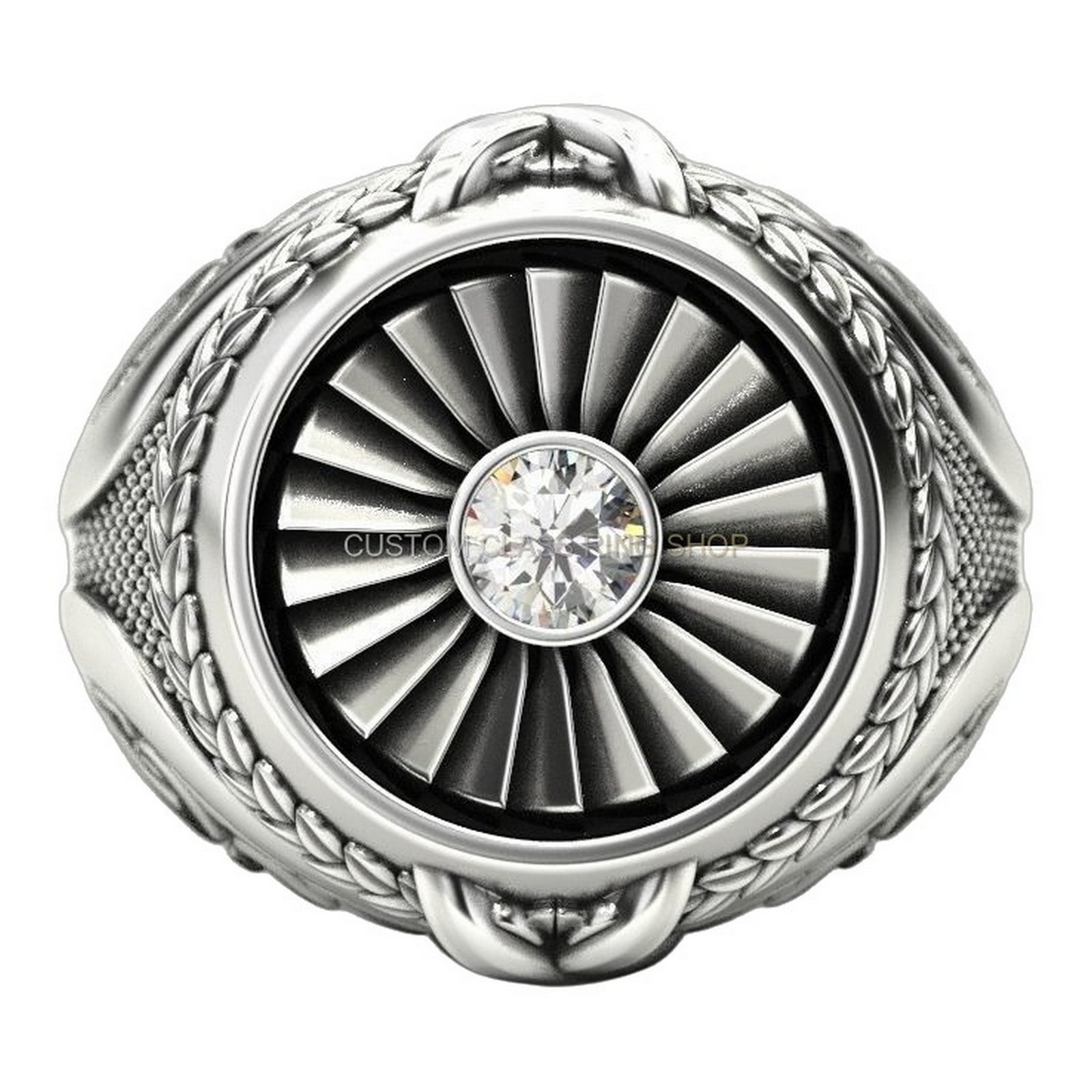 Mens sterling silver turbine engine ring, left side profile view