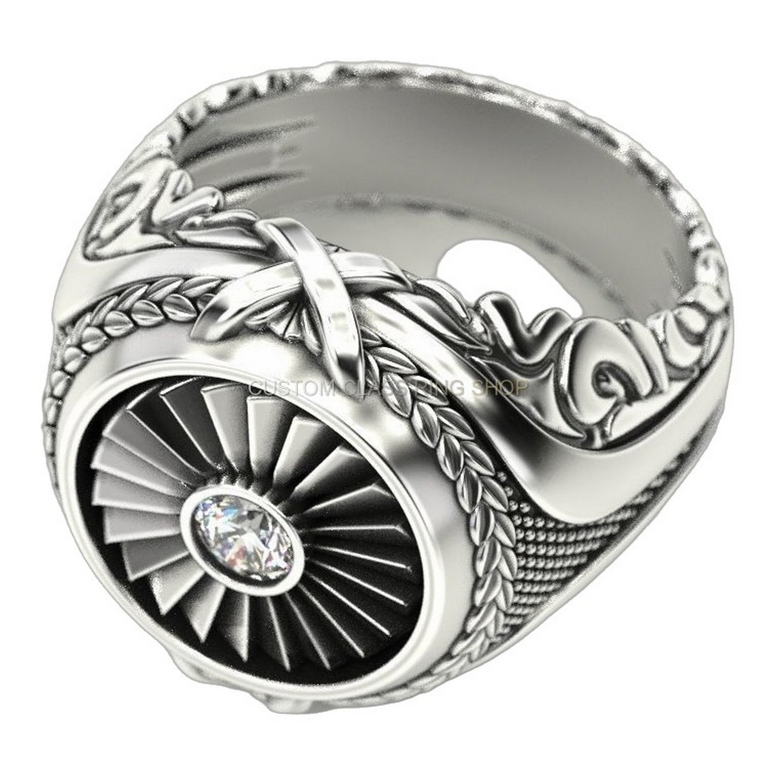 Men's sterling silver turbine engine ring with oxidized finish