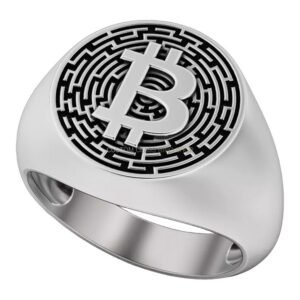 Mens sterling silver bitcoin signet ring with labyrinth border