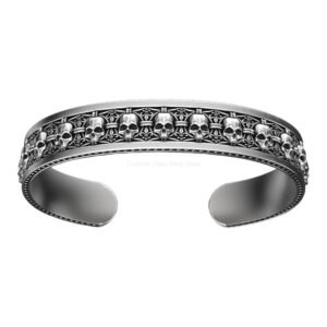 Mens sterling silver skull cuff bracelet with oxidized finish and ornate borders