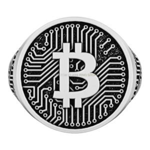 Men's sterling silver bitcoin circuit ring with oxidized finish