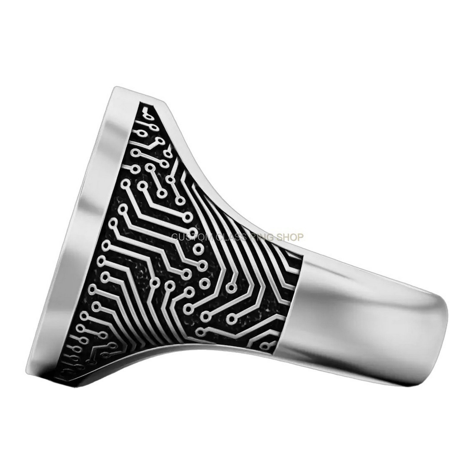 Mens sterling silver bitcoin circuit ring, angled side profile showing band detail