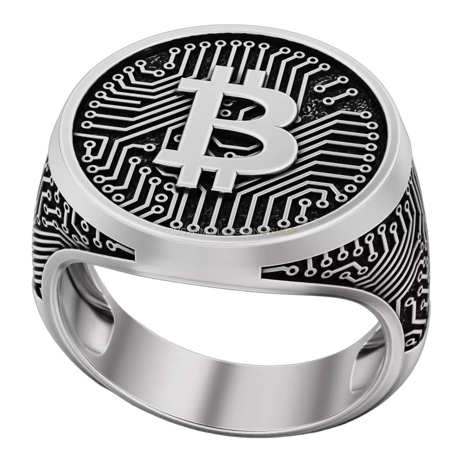 Mens sterling silver bitcoin circuit ring, three-quarter view of signet face
