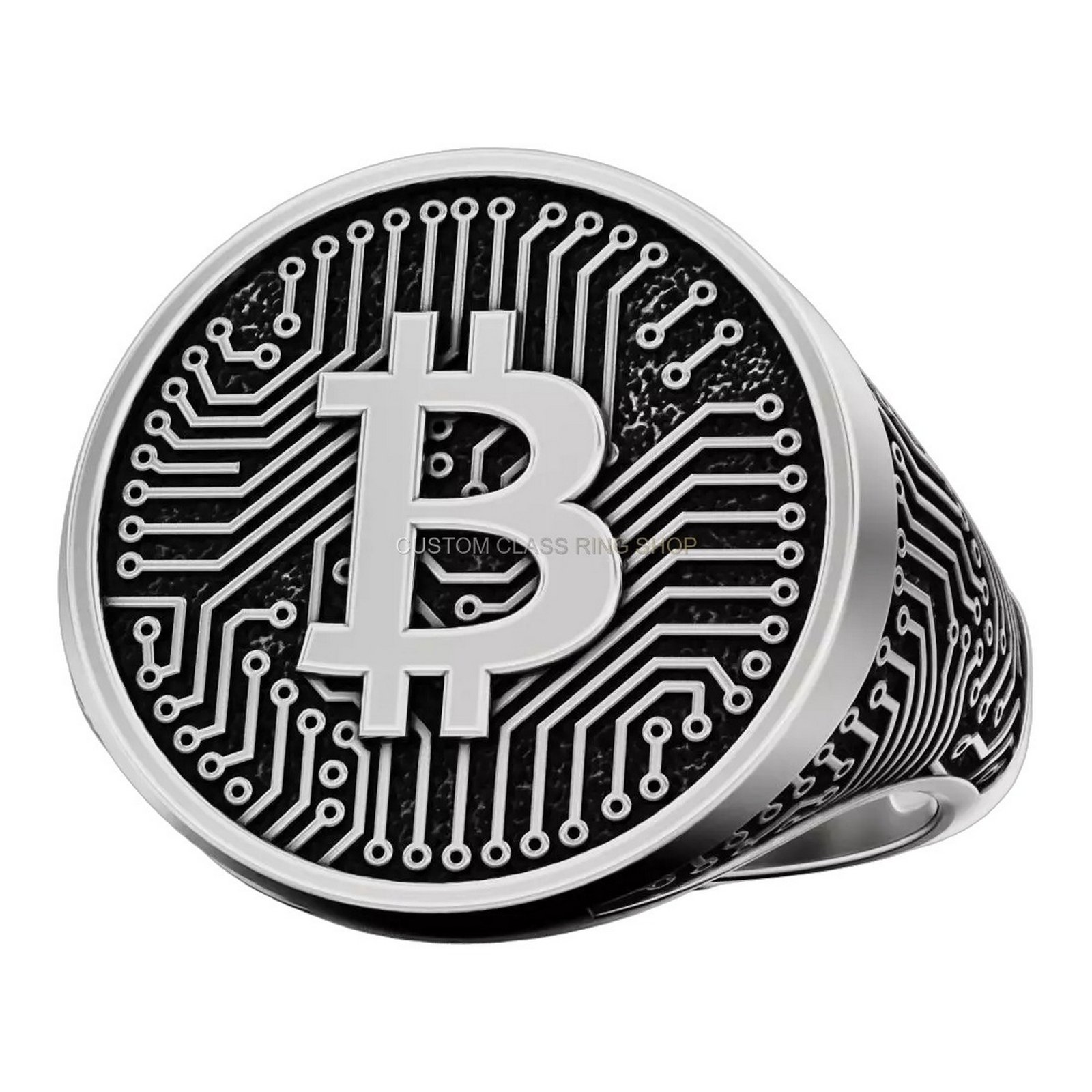 Mens sterling silver bitcoin circuit ring, side angle showing ring shoulders