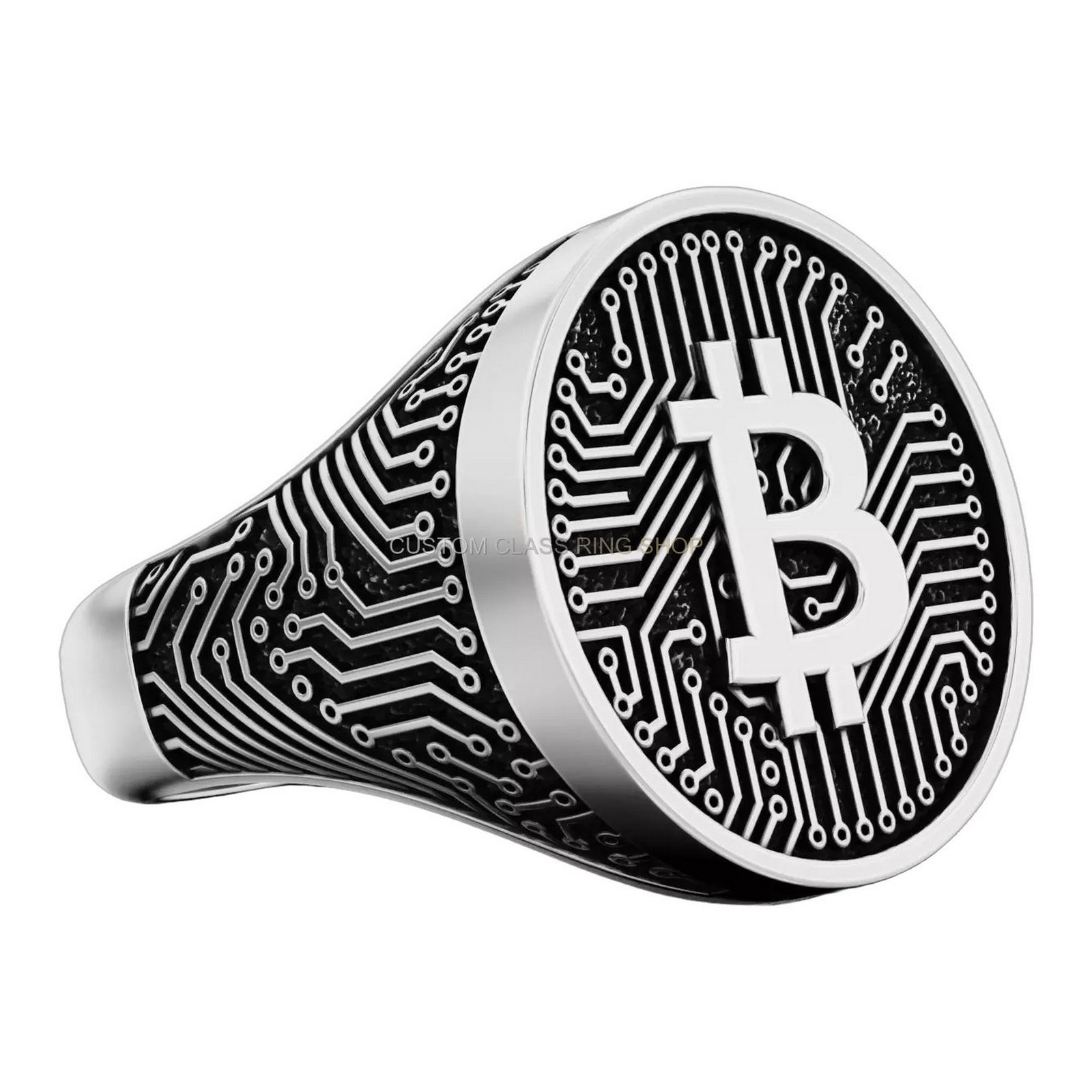 Men's sterling silver bitcoin circuit ring with oxidized finish