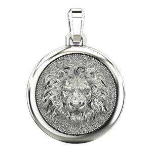 Mens sterling silver lion pendant with beaded frame border, oxidized finish