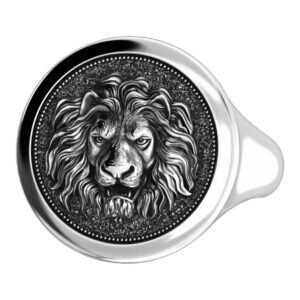 Mens sterling silver lion signet ring with oxidized beaded frame