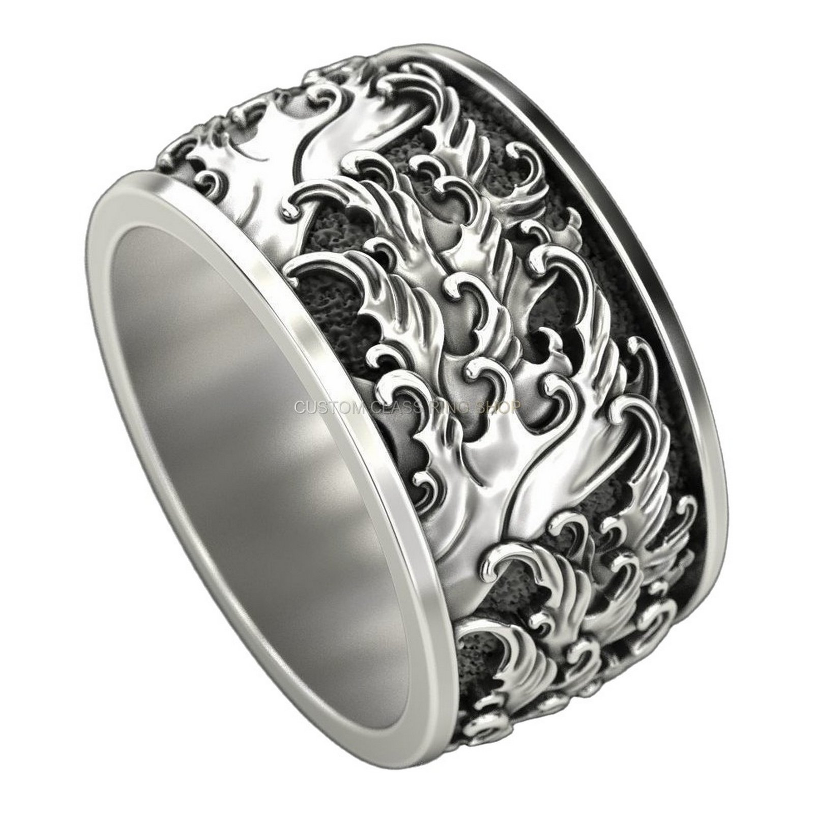 Unisex sterling silver baroque filigree ring, right side profile view