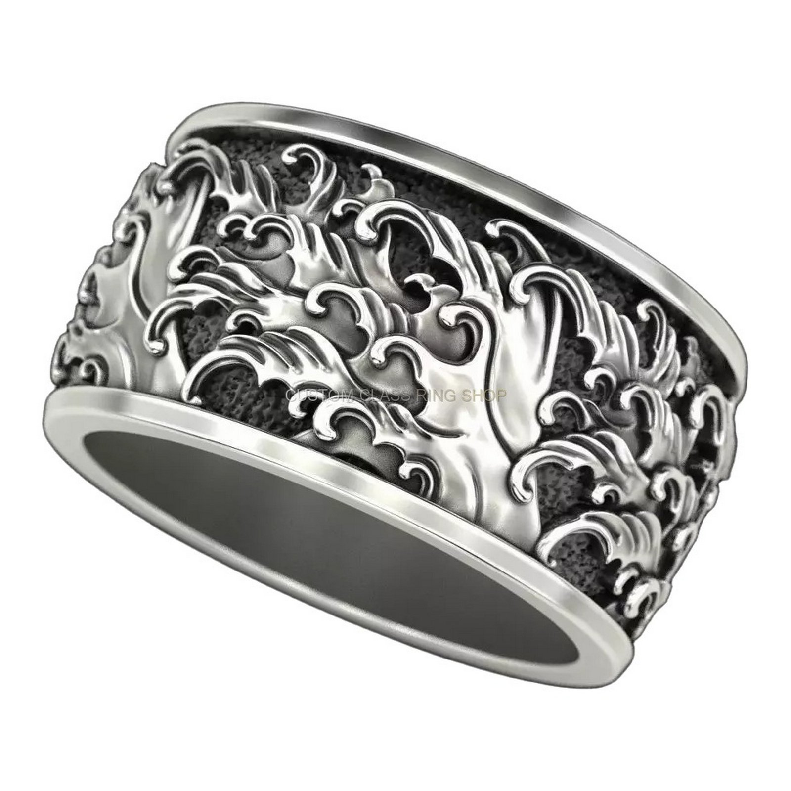 Unisex sterling silver baroque filigree ring, left side profile view