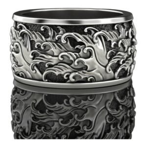 Unisex sterling silver baroque filigree ring, front head-on view