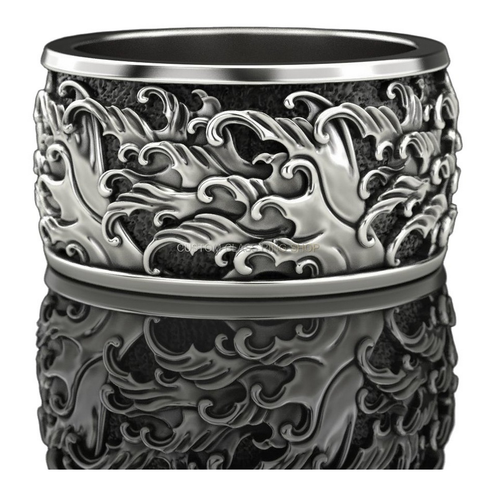 Unisex sterling silver baroque filigree ring, front head-on view