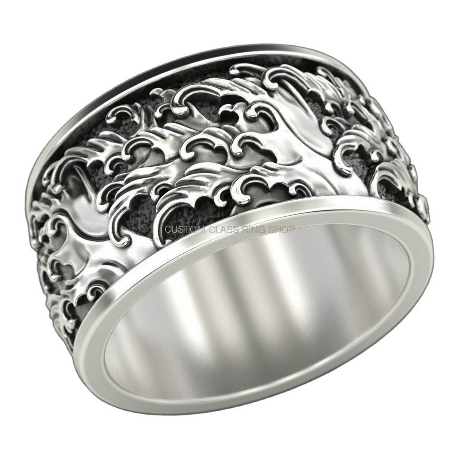 Unisex sterling silver baroque filigree ring, inside band detail view