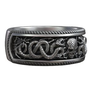 Sterling silver serpents skull macabre ring with twisted rope border oxidized finish