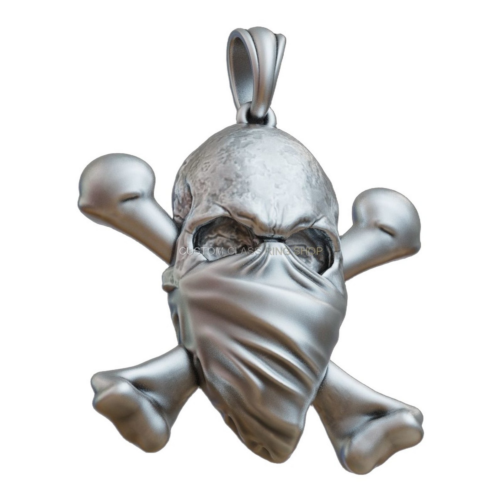 Sterling silver mobb skull bandana pendant with oxidized finish and crossed bones