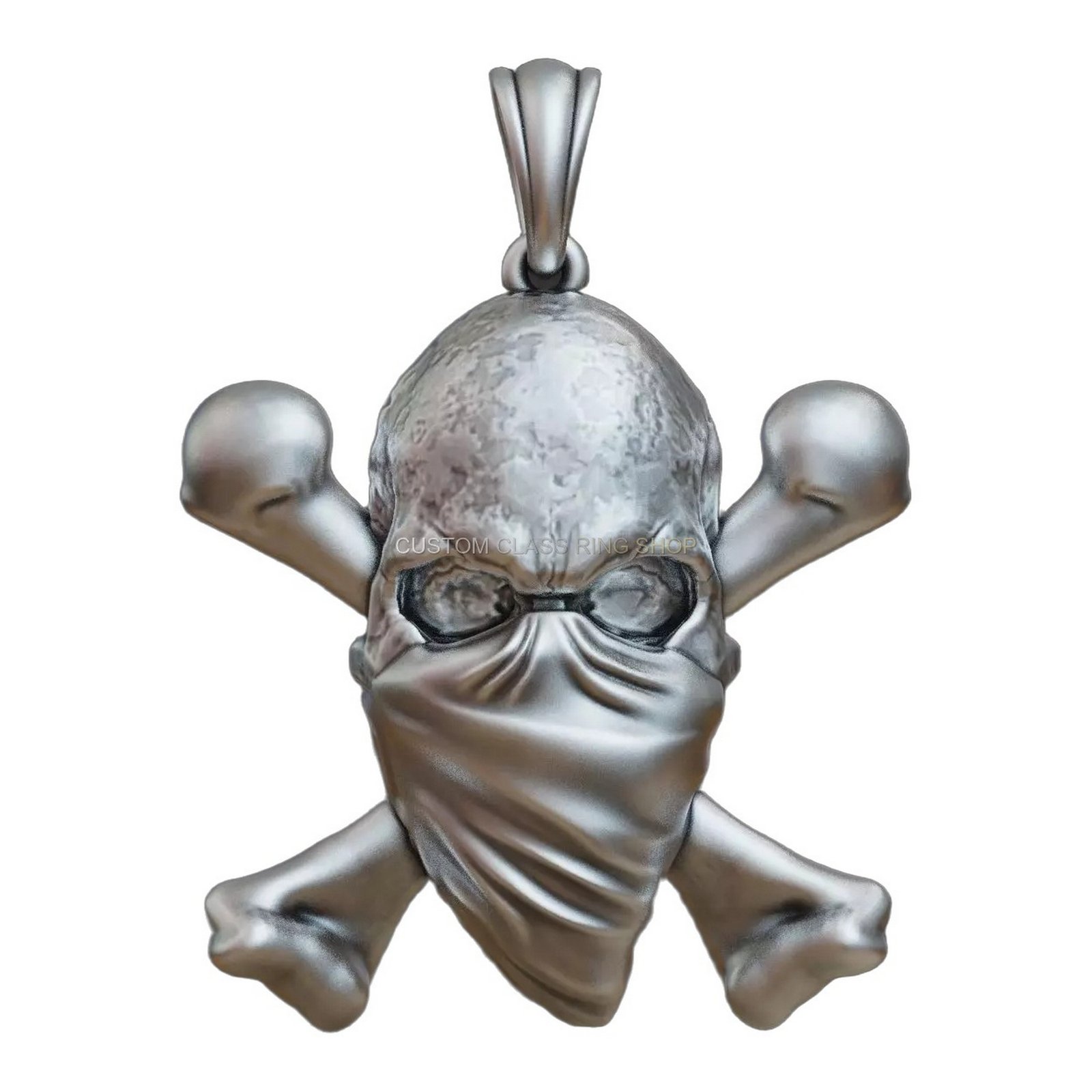 Sterling silver mobb skull bandana pendant, front detail polished finish