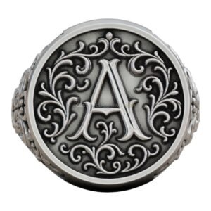 Sterling silver vintage monogram signet ring with letter A and scrolling filigree